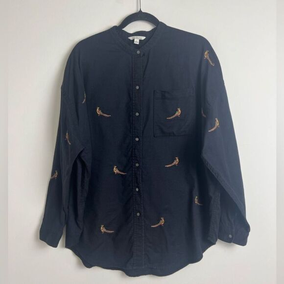 L.L. Bean Signature 100% Cotton Black Embroidered Pheasant Print Classic Blouse - Picture 2 of 12